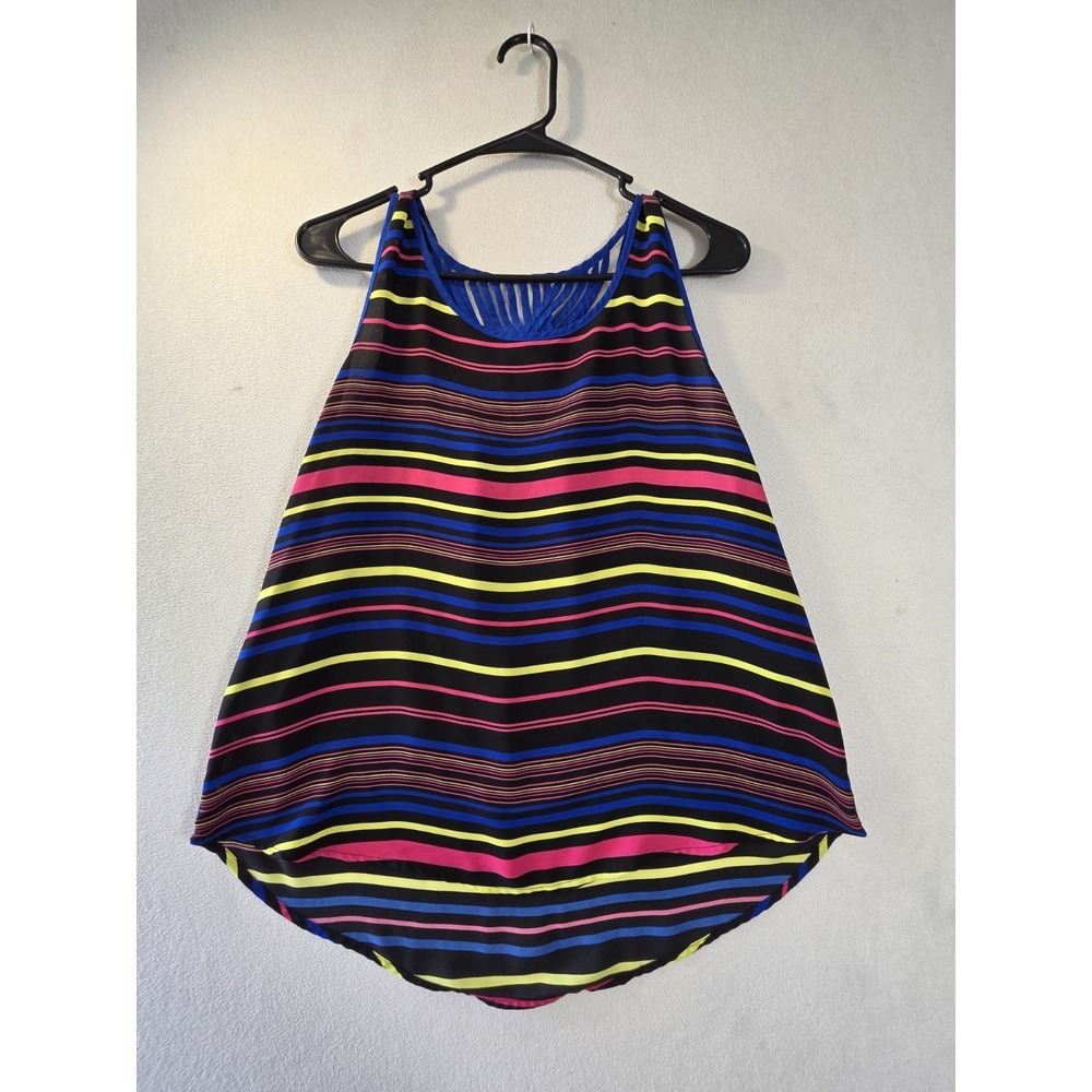 Women's L Striped Sleeveless Tank Top Blue Pink Yellow Braided Back Boho Casual